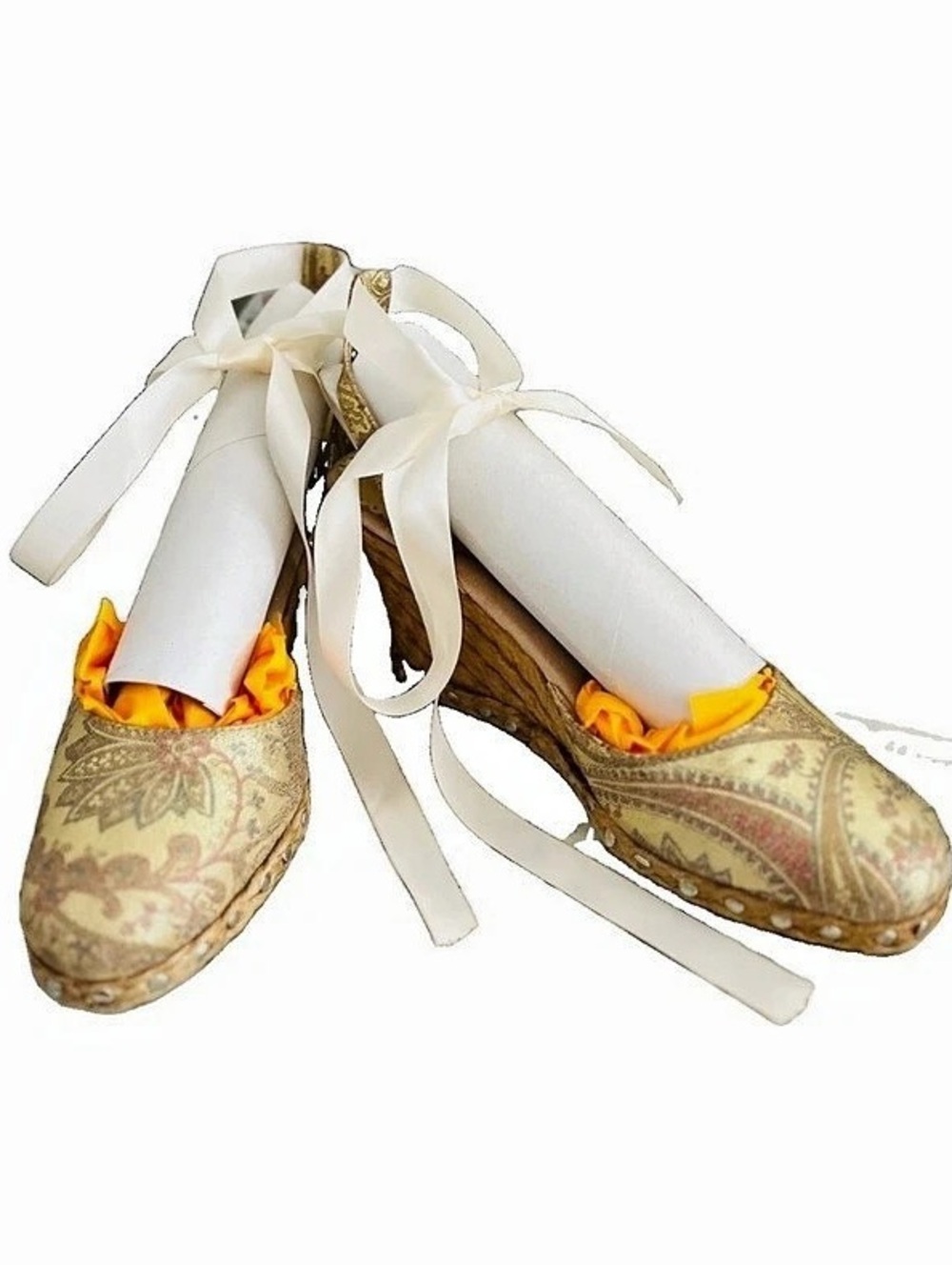 Born Plage Vintage Y2K Paisley Metallic Gold Leather Ribbon Wedge Sandals 8M
